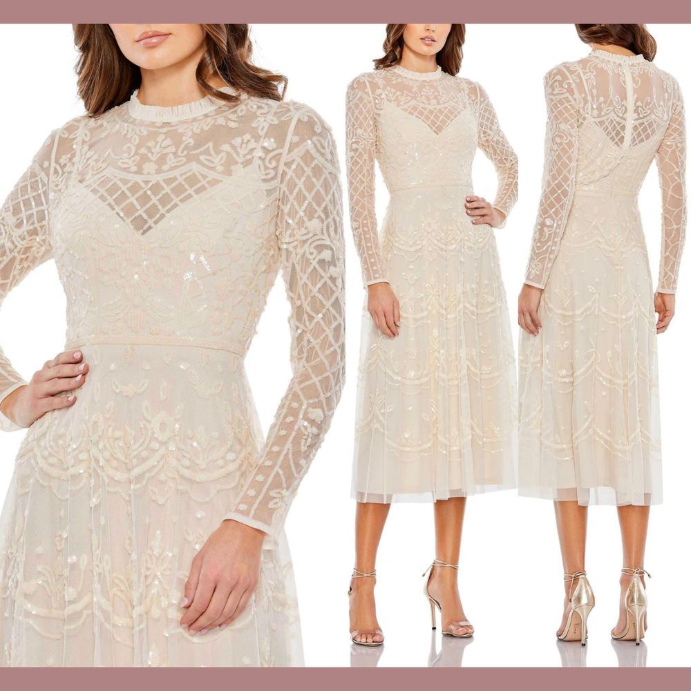 NEW Mac‎ Duggal [ 16 ] 9142 Sequined Illusion Long Sleeve Midi Dress Nude